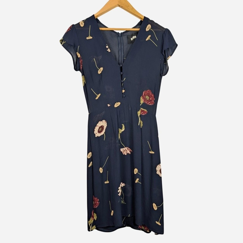 Reformation Ailey Dress Navy Floral Covered Button V-Neck Cap Sleeve Mini 4